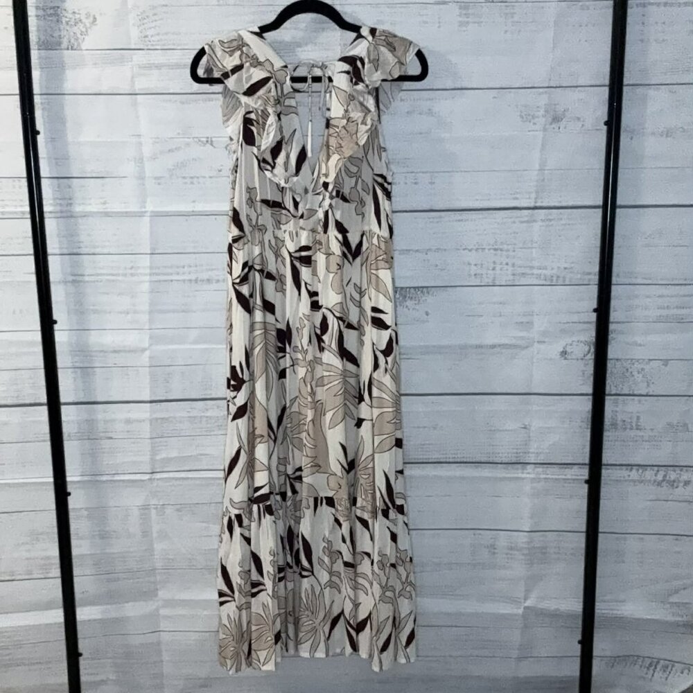 NWOT Brown Ruffled V Neck Leaves Print Midi Dress - Picture 7 of 8